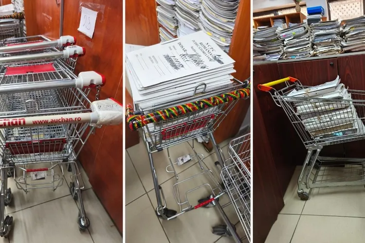Mister pe holurile Justiției: un cărucior Auchan transportă dosare între arhivă și săli, dar nimeni nu știe de unde provine