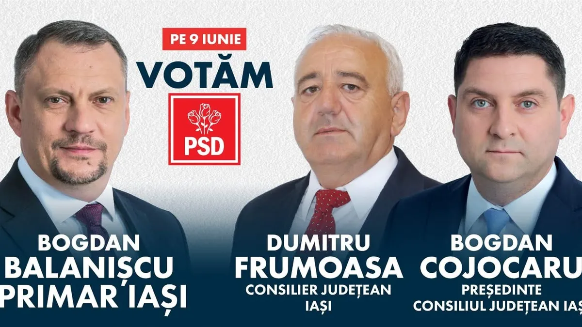 afis electoral PSD cu Bogdan Balanișcu, Dumitru Frumoasa și Bogdan Cojocaru