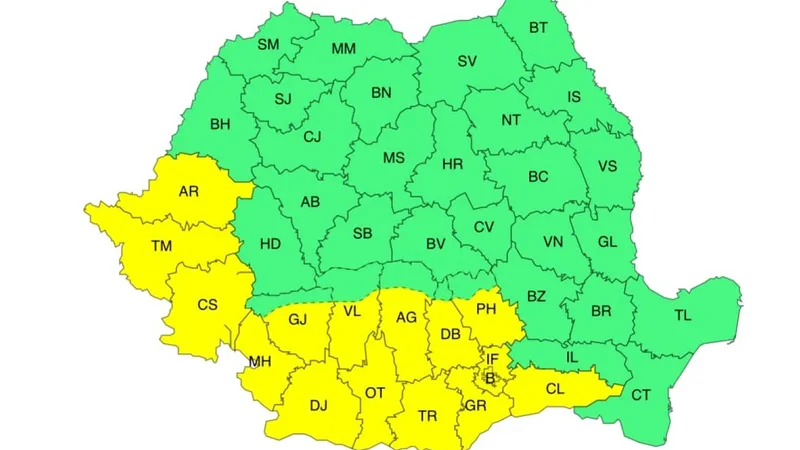 Cod galben de caniculă duminică, luni (sursa: Facebook/Administratia Nationala de Meteorologie RA)