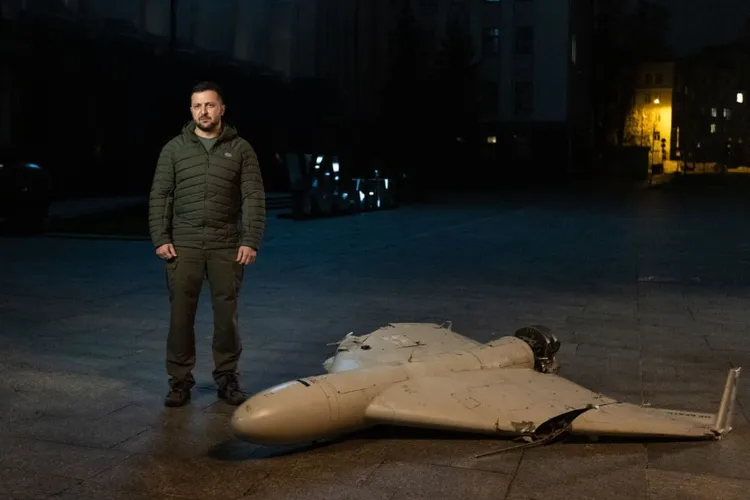 VIDEO Zelenski, noaptea, lângă epava unei drone kamikaze iraniene Shahed, discurs extraordinar: Nu ne este frică de întuneric