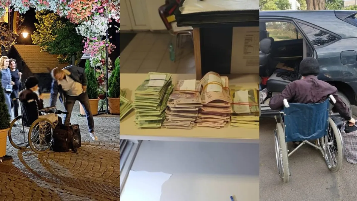 cerșetor în scaun cu rotile și teancuri de bani