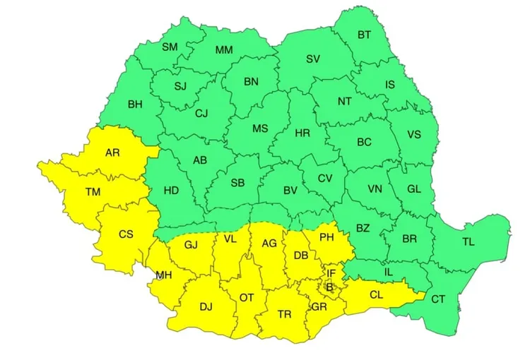 Cod galben de caniculă duminică, luni (sursa: Facebook/Administratia Nationala de Meteorologie RA)