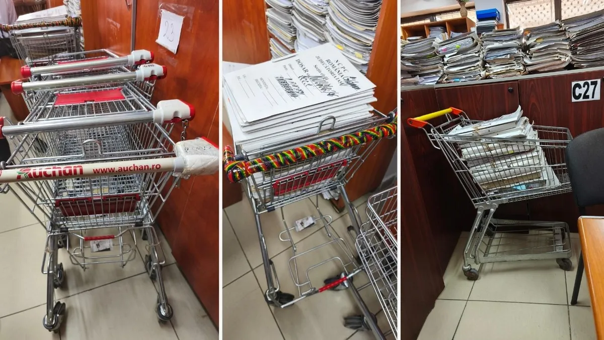 Un cărucior Auchan transportă dosare la Judecătoria Iași