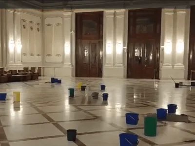 Filmare absurdă în Palatul Parlamentului: zeci de găleți  pe podeaua unei săli Foto: Captură video