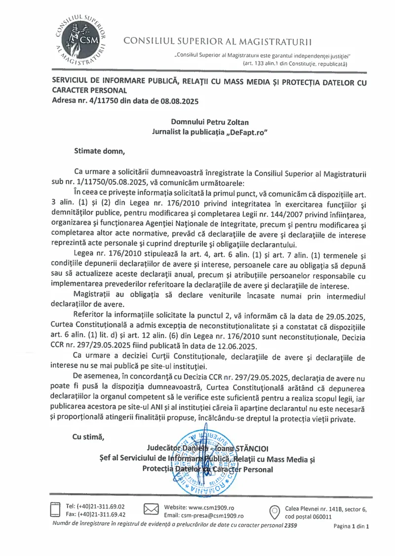 Răspunsul CSM la întrebările DeFapt.ro