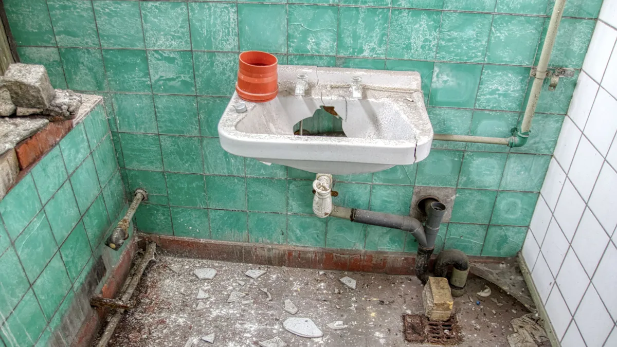 Baie cu faianță deteriorată și lavoar spar