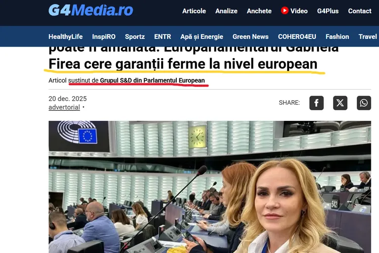 G4Media îi face reclamă Gabrielei Firea, pe banii grupului S&D din Parlamentul European Foto: Print screen