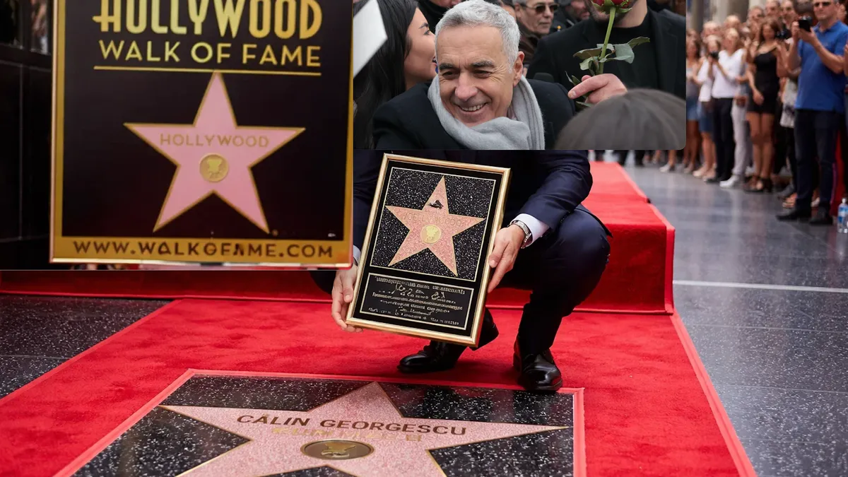 Călin Georgescu a primit o stea pe „Walk of Fame” la Hollywood pentru discursurile sale copiate din filme (sursa: colaj Inquam Photos/George Călin, Sora AI)