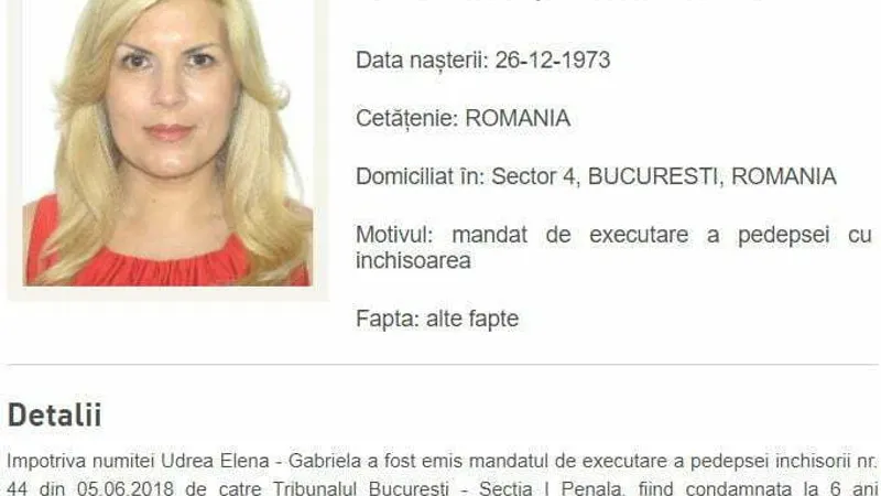 Elena Udrea, dată în urmărire generală (sursa: Poliția Română)