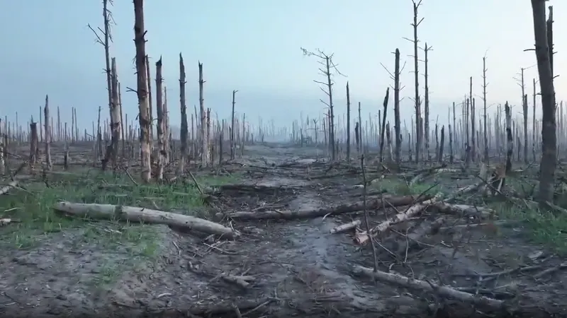 Imagini apocaliptice ale pădurii Serebrianski după luptele dintre ruși și ucraineni Foto: Captură video