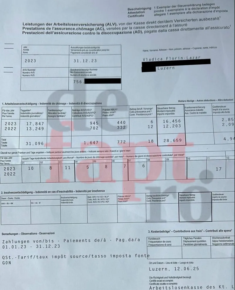 Florin-Lazăr Vlădică, ajutor de șomaj în Elveția