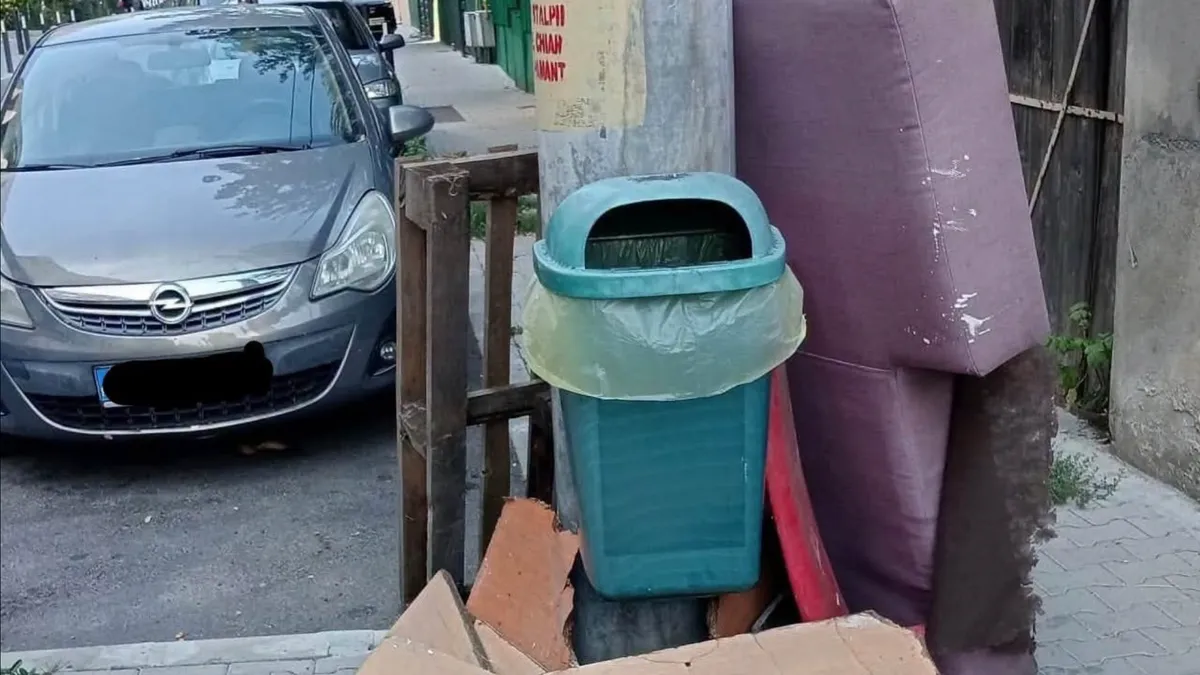 Saltele vechi abandonate lângă un coș de gunoi