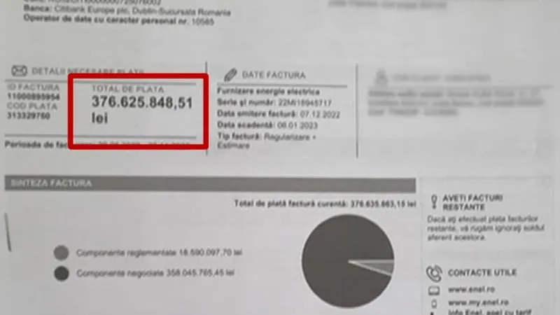 Factură de infarct de la Enel (sursa: Digi24)