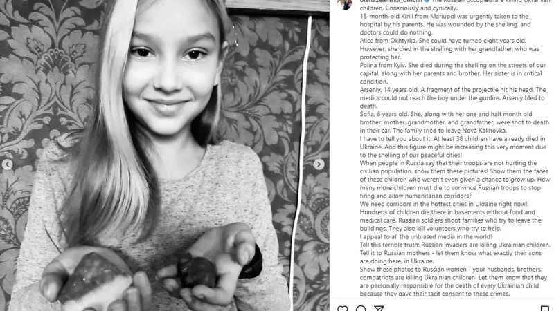 Copiii ucraineni omorâți de ruși. În imagine, Alice, care urma să împlinească opt ani. Sursă: Instagram Olena Zelenska 