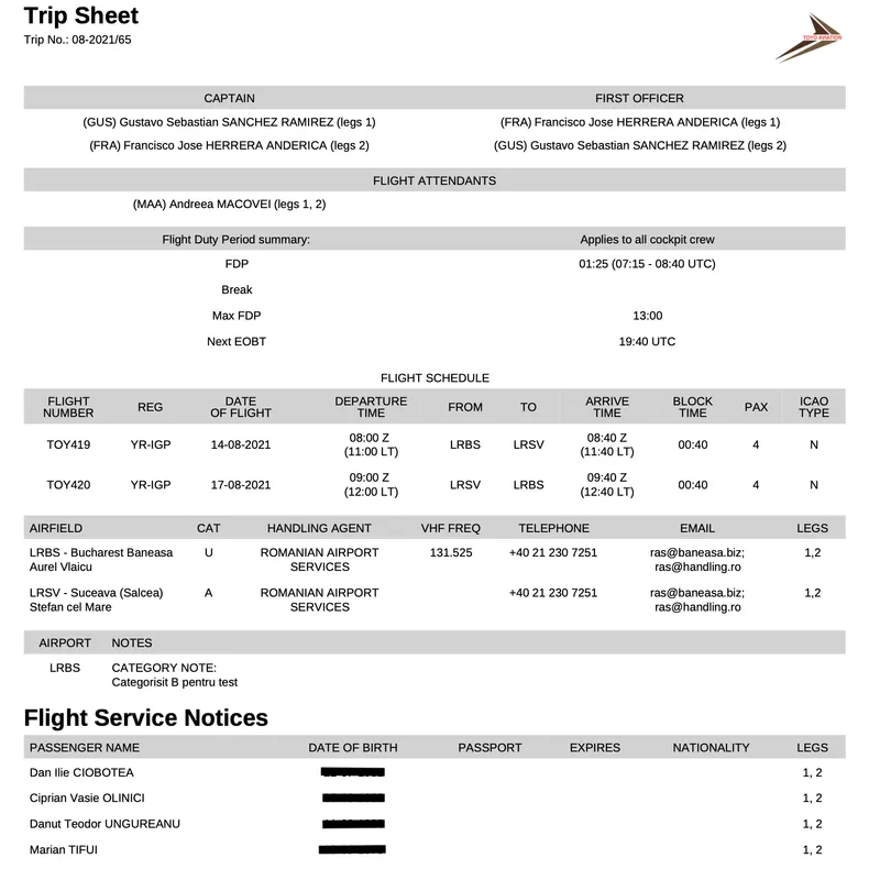 document zbor toyo aviation patriarhul daniel