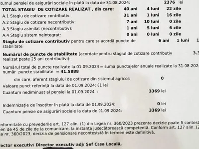 Informații din decizia de recalcularea pensiei (sursa: digi24.ro)