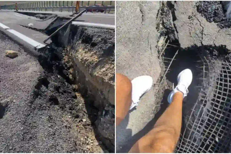 VIDEO O groapă uriașă se deschide pe autostrada A10, inaugurată în 2018. CNAIR așteaptă soluții de la constructor, groapa se adâncește