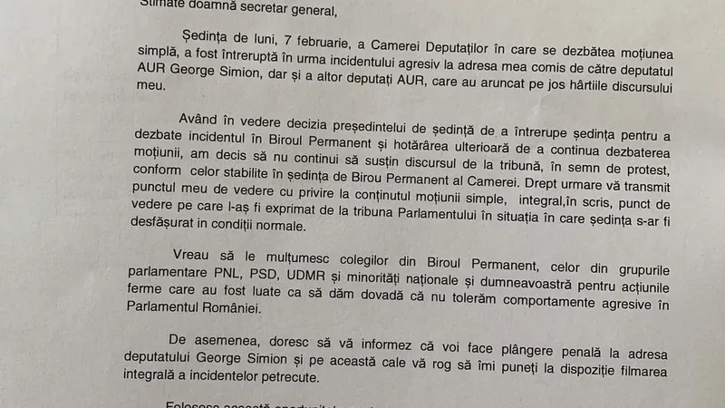 Plângere penală pentru incidentul din Parlament (sursă: Facebook/Virgil Popescu)