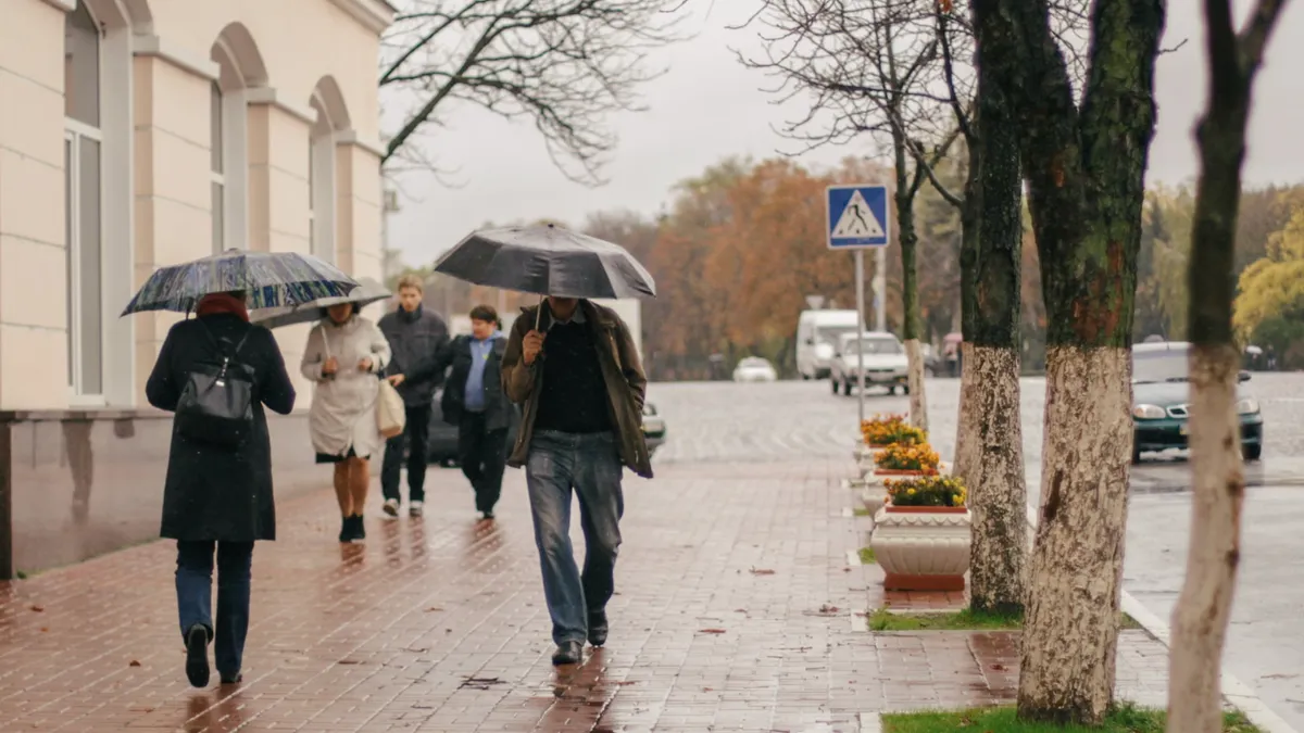Mai multe persoane cu umbrele deschise merg pe un trotuar pe vreme ploioasă de toamnă