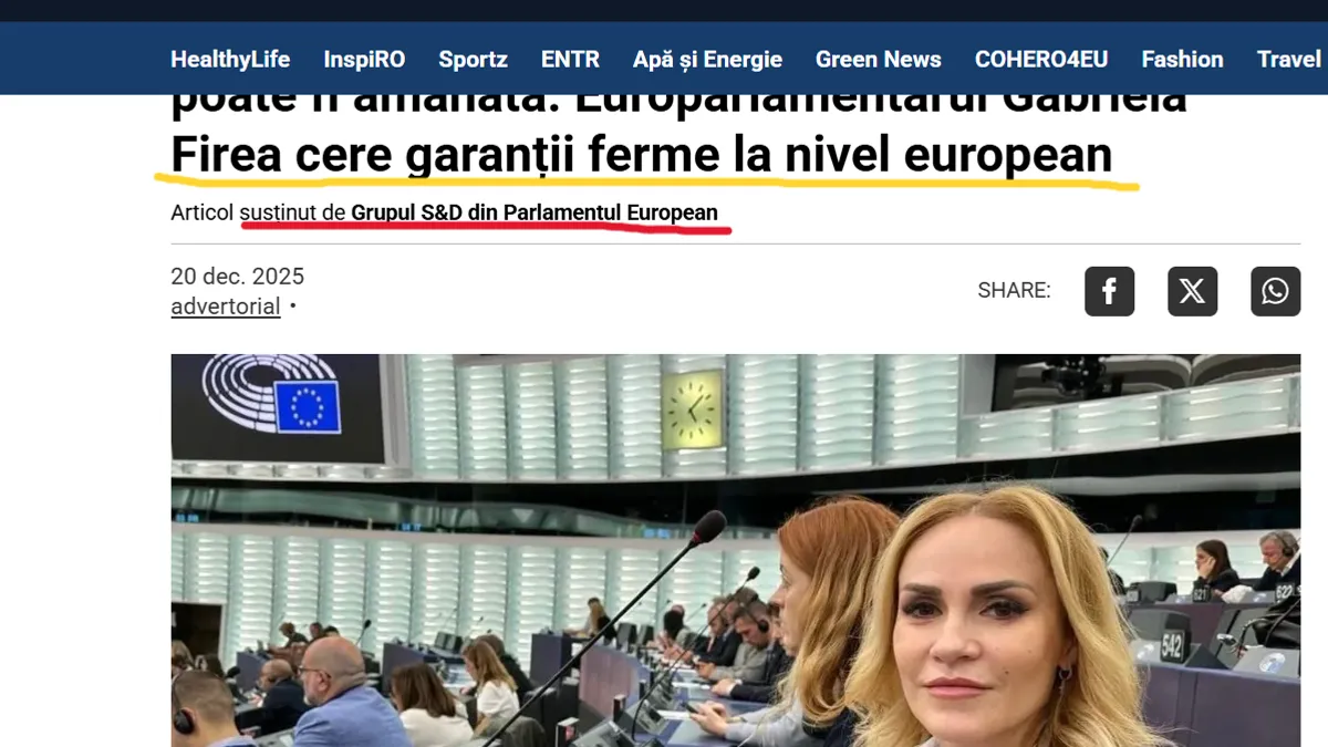 G4Media îi face reclamă Gabrielei Firea, pe banii grupului S&D din Parlamentul European Foto: Print screen