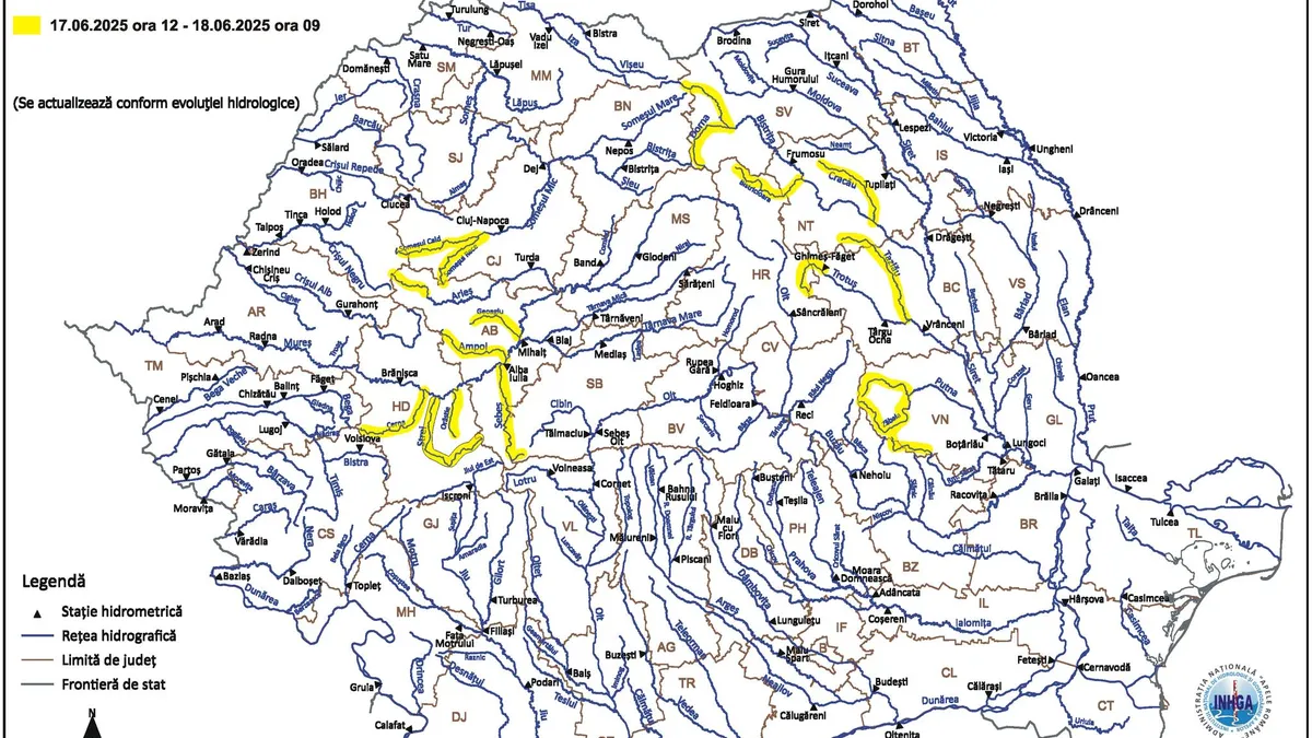 Cod galben de inundații, Transilvania, Moldova (sursa: Facebook/Institutul Național de Hidrologie și Gospodărire a Apelor)