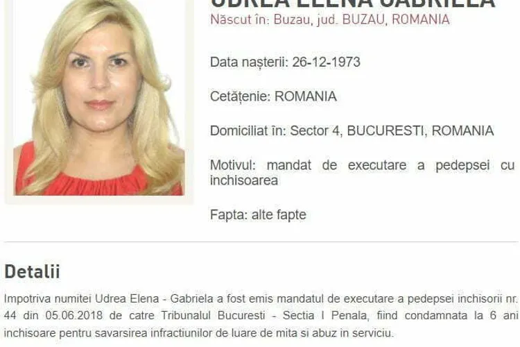 Elena Udrea, dată în urmărire generală (sursa: Poliția Română)