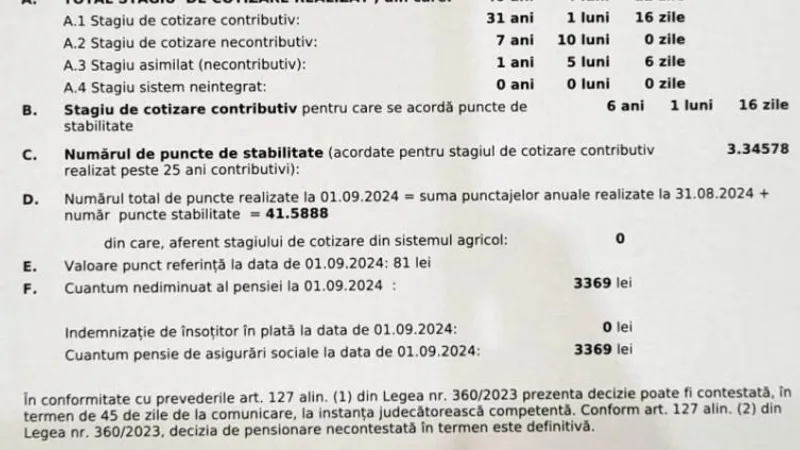 Informații din decizia de recalcularea pensiei (sursa: digi24.ro)