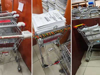 Mister pe holurile Justiției: un cărucior Auchan transportă dosare între arhivă și săli, dar nimeni nu știe de unde provine
